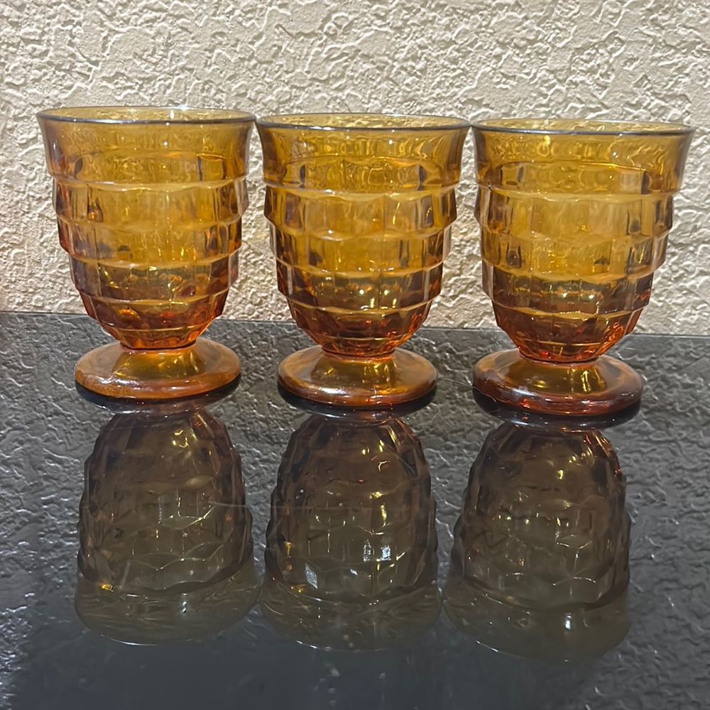Set of 3 Indiana Glass Vintage Whitehall colony amber footed goblets